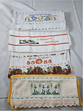 Vintage 4 kitchen towels Portuguese Lace Cross Stitch Handmade